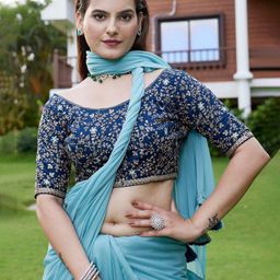 K 5 Fashion Pure Georgette Solid Saree With Embroidered Blouse Peice and Tasseled Border-15