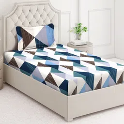 Arrabi Blue & White Geometric 350 TC Single Bedsheet with 1 Pillow Covers-image-82