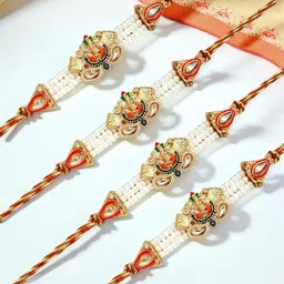 ADIVA Set Of 4 Ganesha Kundan Studded & Beaded Rakhi With Pooja Thali Roli Chawal Gift Set-image-63
