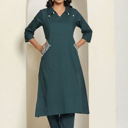 Kaftanize Women Solid Cotton Kurta with Trousers-image-93