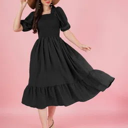 Jash Creation Women Square Neck Puff Sleeves Smocked Flared Dress-image-70