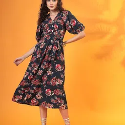 STYLECAST X KASSUALLY Floral Print Bishop Sleeve Georgette Fit & Flare Midi Dress-image-75