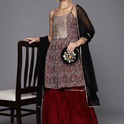 Anouk Abstract Printed Shoulder Straps Satin Kurta With Sharara & Dupatta-image-30