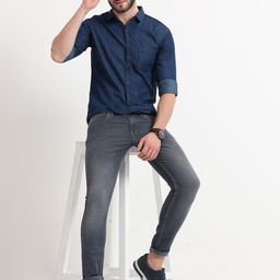 MIRAAN Men Modern Spread Collar Solid Denim Casual Shirt-image-85