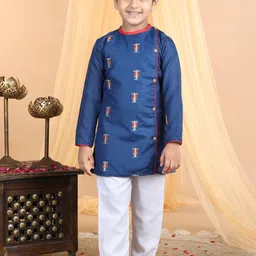 Here&Now X Kinder Kids Boys Embroidered Angrakha Pure Cotton Kurta With Pyjamas-47