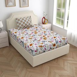 Salona Bichona Pink & White Floral 180 TC Single Bedsheet with 1 Pillow Covers-image-82