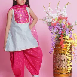 Little Bansi Girls Floral Woven Design SequinnedPure Silk Kurta with Salwar & Dupatta-image-55