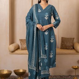 SHIVARA Women Floral Printed Cotton Kurta with Trousers & Dupatta-image-90