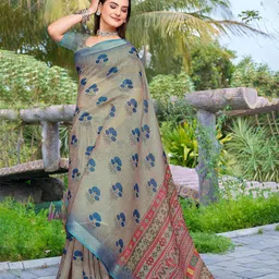 Anouk Floral Zari Linen Blend Saree-picture-14