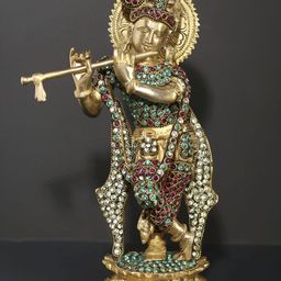 Exotic India Gold-Toned & Green Lord Krishna Religious Idol Showpiece-image-75