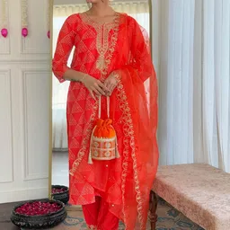 THE52 Women Bandhani Printed Regular Kurta with Trousers & Dupatta-53