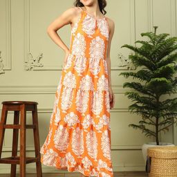 Oxolloxo Women Tropical Print Round Neck Shoulder Strap Long Flare Maxi Dress-image-39