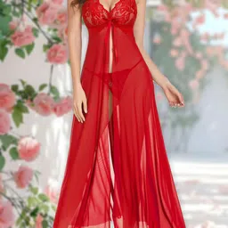 SECRETS BY ZEROKAATA Women Sheer Self Design Long Nightwear Baby Doll Lingerie-image-55