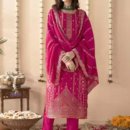 Anouk Pink Floral Embroidered Jacquard Pure Silk Straight Kurta & Trouser & Dupatta-image-15