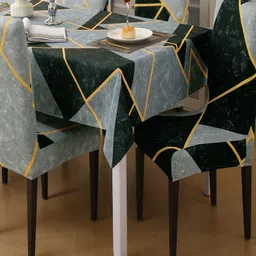 HOKIPO Set Of 4 Grey Abstract Printed Elastic Dining Chair Cover With Matching Table Cloth image 2