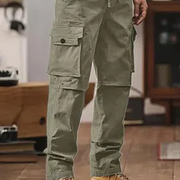 VOGAAN Men Solid Relaxed Straight Fit Mid-Rise Regular Cotton Cargos Trousers-image-12