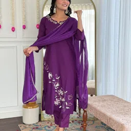 KALINI Floral Embroidered Notch Neck Straight Kurta With Trousers And Dupatta-picture-31