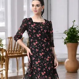 BAESD Floral Printed Square Neck Puff Sleeves Drop-Waist Dress-image-96