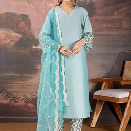 House of Pataudi V-Neck Straight Kurta And Trousers With Dupatta-image-118