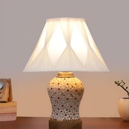 Devansh White & Red Printed Frustum Shaped Wooden Table Lamp-26