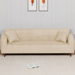 Lukzer Cream-Coloured Printed Jacquard 1 Piece Sofa Cover With Arms-image-42