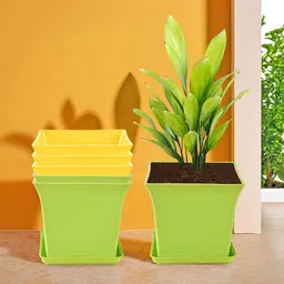 Kuber Industries 6-Pcs Green & Yellow Premium Flower Pots for Garden withBottomPlates-95