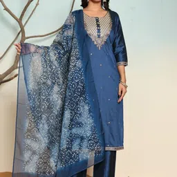SUAAC Floral Embroidered Round Neck Silk Blend Kurta With Trousers & Dupatta-picture-40