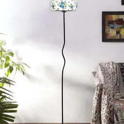 Devansh White & Blue Printed Cylindrical Floor Lamp With Shade-58