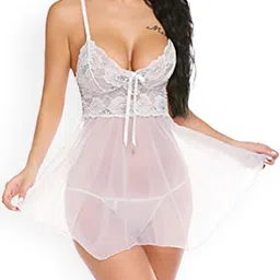 Fihana Shoulder Straps Net Self Design Baby Doll Comes With Briefs-picture-9