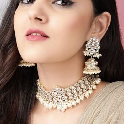 Rubans Gold-Plated White Kundan-Studded & Beaded Handcrafted Jewellery Set-picture-23