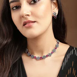 Rubans Oxidised Silver Plated Pink Stone Studded  Handcrafted Jewellery Set-72