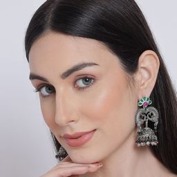 Sangria Silver-Plated Stone-Studded & Beaded Jhumka Earrings-24