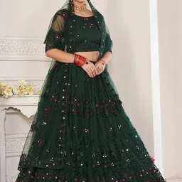 Warthy Ent Green & White Embroidered Thread Work Semi-Stitched Lehenga & Unstitched Blouse With Dupatta image 3