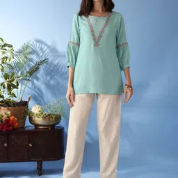Anouk Women Yoke Design Flared Sleeves Thread Work Liva Kurta-69