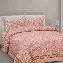 CLOTHOLOGY Peach-Coloured & White Floral 180 TC King Bedsheet with 2 Pillow Covers-image-31
