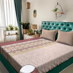 KLOTTHE Beige Ethnic Motifs 400 TC Pure Cotton Fitted Super King Double Bedsheet-image-59