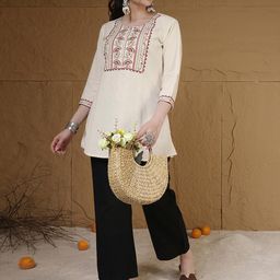 Uparna Women Beige Embroidered Round Neck Casual Cotton Straight Kurta-image-112