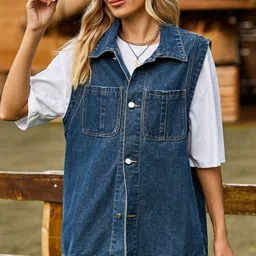 Oh Rare Spread Collar Sleeveless Pockets Denim Jacket-picture-9
