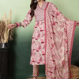 Sangria Digital Printed V-neck Kurta With Trouser & Dupatta-image-1