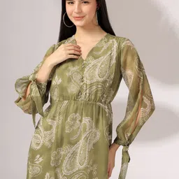 Justin Whyte Women Ethnic Motifs Print Puff Sleeve Chiffon Fit & Flare Midi Dress-image-88