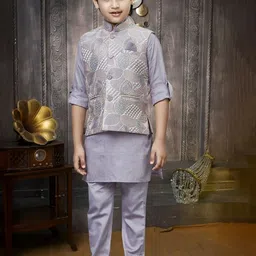 BAESD Boys Mandarin Collar Thread Work Straight Kurta With Trouser & Nehru Jecket-image-84