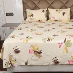 AVI Cream-Coloured & Pink Floral 180 TC Single Bedsheet with 1 Pillow Covers-image-82
