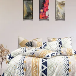 Aura White & Navy Blue Abstract Printed Cotton 350 TC King Bedsheet Set 2.75 m x 2.75m-15