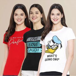 Metronaut Women Pack Of 3 Typography Printed Round Neck Cotton Donald Duck T-shirts-image-33