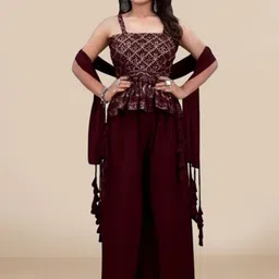 PARROT CREATION Women Embroidered Regular Sequinned Kurti with Sharara & With Dupatta-7