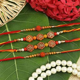 Asthetika Set Of 4 Artificial Stones Studded And Beaded Rudraksha Rakhis With Roli Chawal-28