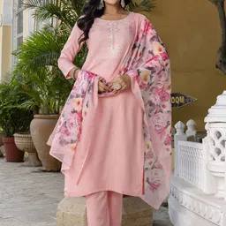 KALINI Floral Yoke Design Thread Work Round Neck Straight Kurta With Trouser & Dupatta-18