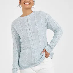 Styli Women Cable Knit Longline Pullover-image-29