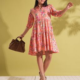Globus Women Coral Floral Print Shirt Collar Puff Sleeves Tiered Knee Length Fusion Dress-image-72