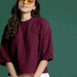Party Bell Sleeves Self Design Women Maroon Top-image-78